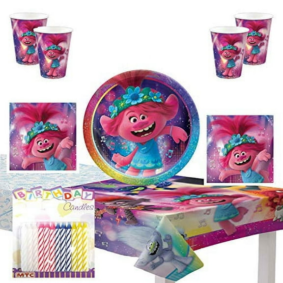 Trolls World Tour Party Supplies Pack Serves 16: Dinner Plates Luncheon Napkins Cups and Table Cover with Birthday Candles (Bundle for 16)
