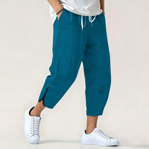 Linen Cropped Pants for Men Elastic Waist Drawstring Harem Trousers Lightweight Breathable Tapered Bottoms Zipper Detail Summer Beachwear
