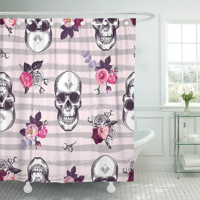 ABPHQTO Cortina de ducha de poliéster con calaveras humanas kitsch y capullos de color rosa de 152x180 cm