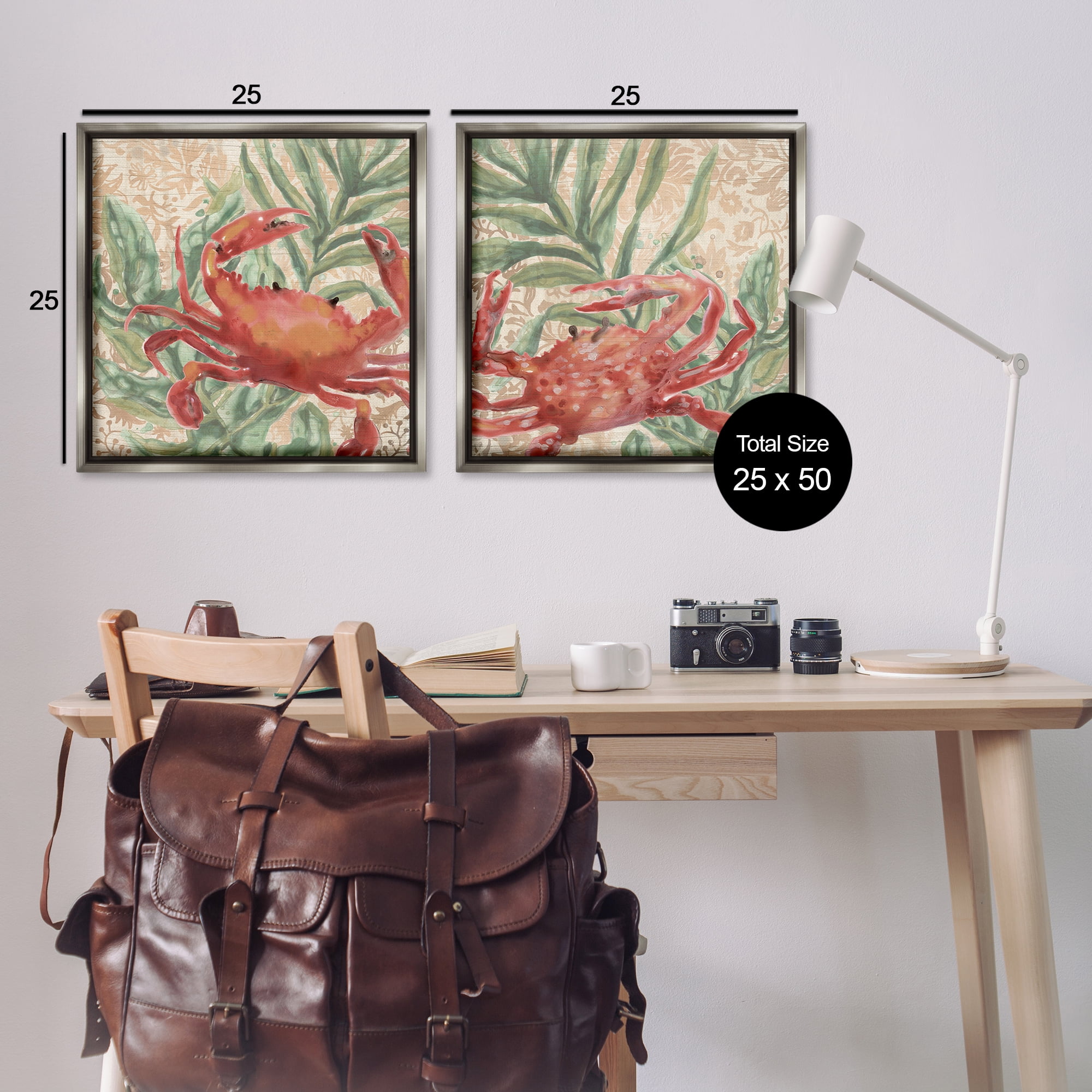 Stupell Industries Red Crab & Seaweed Animals Painting Gray Floater Framed Canvas Art Print Wall Art, 25 x 25, Set of 2