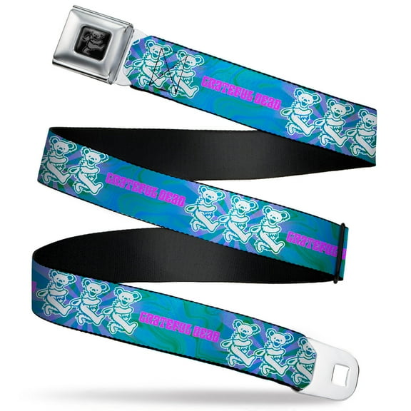 Grateful Dead Belt, Seatbelt Buckle Belt, Grateful Dead Dancing Bear Trio Rays Swirl Blue Purple Pink, 30 to 44 Inches