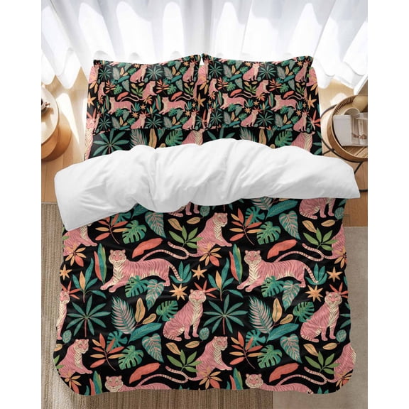 Pink Leopard Bedding Duvet Cover Set Twin Size 4 Pieces Orange Leaves Green Palm Leaf Bedding Set with Zipper Closure, 1 Comforter Cover 68x86 Inches 1 Flat Sheet & 2 Pillow Cases