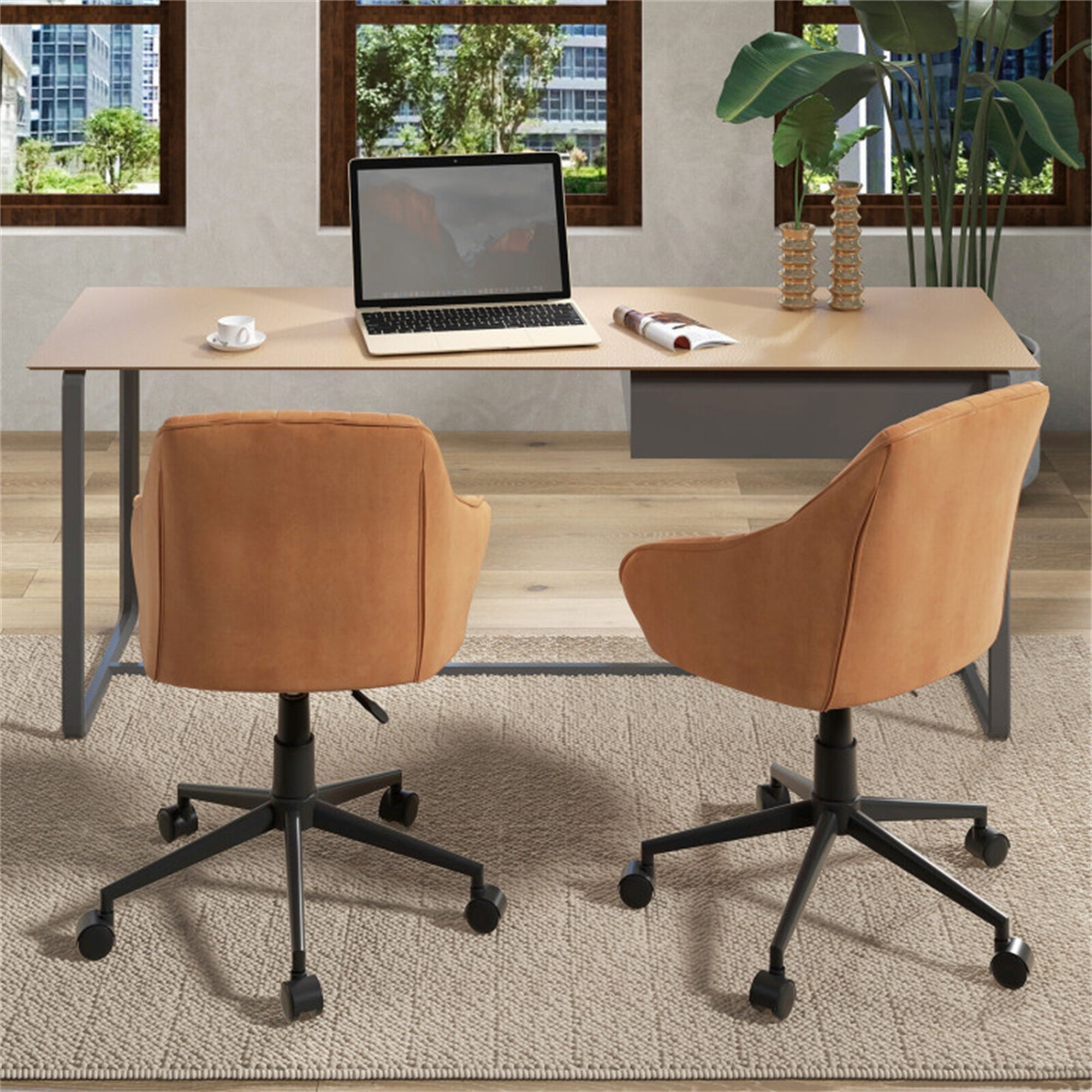 Demi Bonn Modern Home Office Chair with Curved Backrest and Comfortable Armrests, Rolling Work Computer Desk Chair, Brown