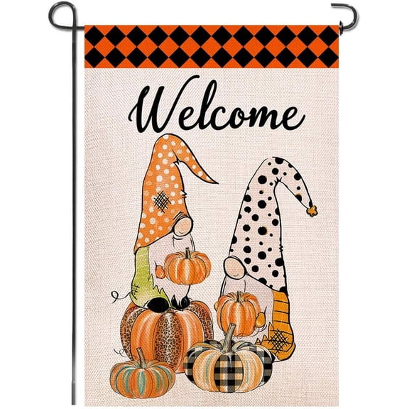 Welcome Fall Gnomes Halloween Burlap Garden Flag, Double Sided Pumpkins Autumn Home Plaid Decor Outdoor Seasonal Decorative Flags for Yard Lawn Patio Porch Farmhouse, 12.5 x 18.5 inch