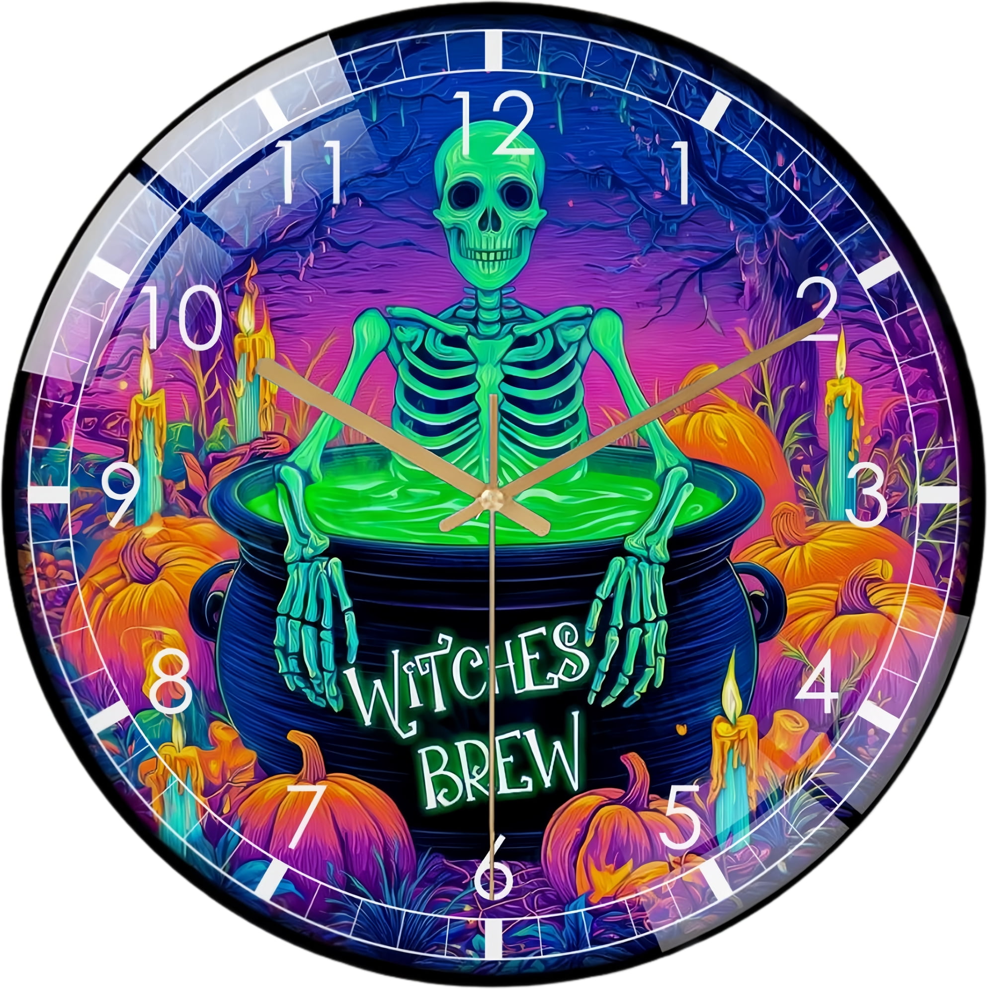 Decorative Clocks: Skeleton in Cauldron Glass Wall Clock, Spooky Hallo Ween Brew Decor Wall Clock