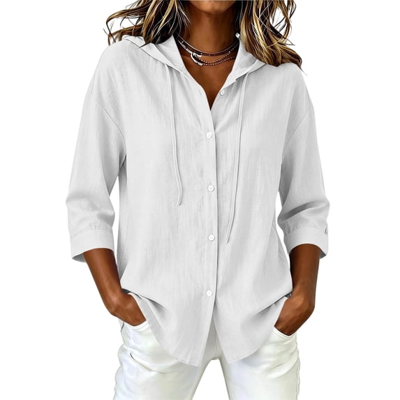 Miqool Cotton Linen Hoodies for Women Button Down Short Sleeve Collared Drawstring Flowy Tops Beach Vacation Outfits