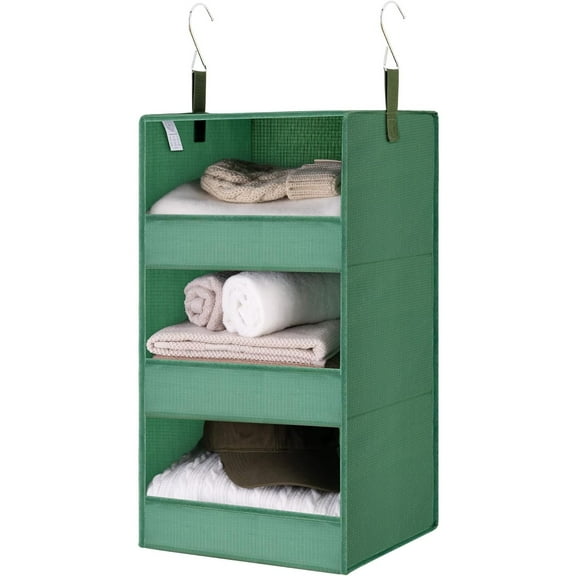 3-Shelf Closet Organizers and Storage, Foldable Hanging Closet Organizer, Hanging Closet Shelves with 2 Metal Hooks, Leak-Proof Closet Storage for Sweater, Clothes Organizer, Dark Green