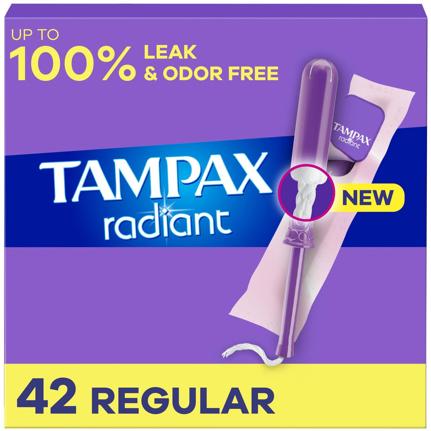 Tampax Radiant Tampons, with LeakGuard Braid, Regular Absorbency, Unscented, 42CT