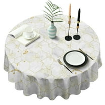White Gold Leaf Hexagon Marble Pattern Round Tablecloth 60"x60",Wrinkle Wipeable Table Cloth for Kitchen Dining Room Picnic Patio Party
