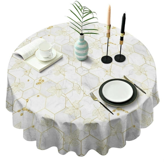 White Gold Leaf Hexagon Marble Pattern Round Tablecloth 60"x60",Wrinkle Wipeable Table Cloth for Kitchen Dining Room Picnic Patio Party