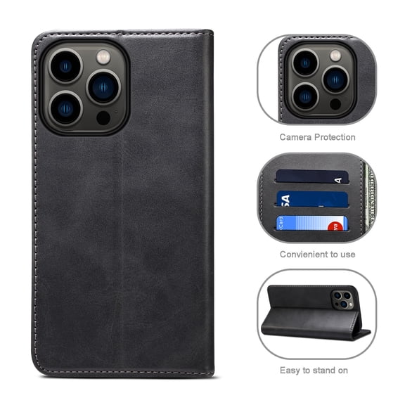 Full Body Protective Case for iPhone 14 Pro Max 2022, Retro Durable PU leather Backplane & TPU Shockproof Shell Card Slots & Cash Pocket Flip Kickstand Wallet Magnetic Case, Black