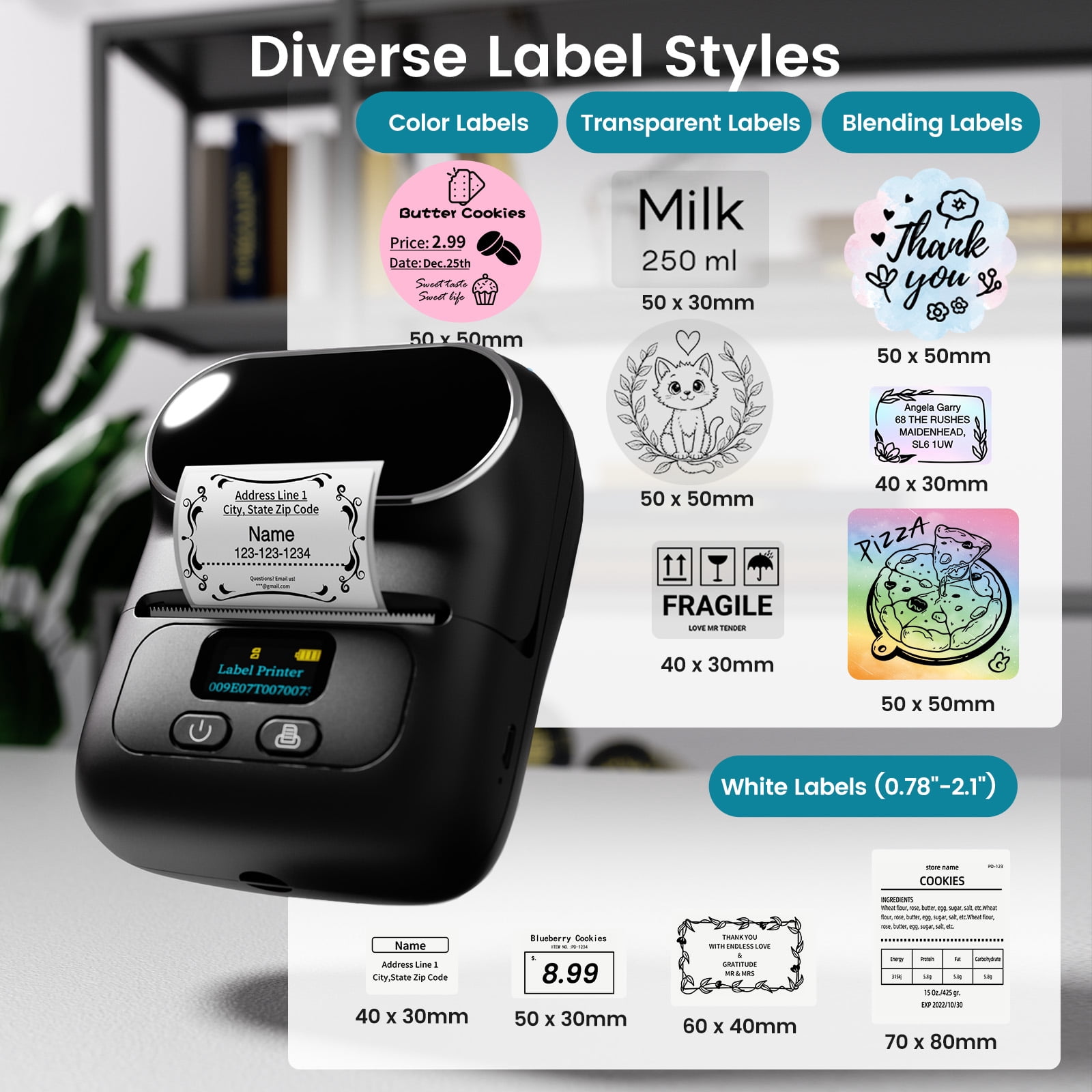 Phomemo M110 Label Maker Portable Label Printer, Sticker Printer For Small Business, Address, Office, Gift, Picture, Inkless Barcode Label Printer + 2 Rolls Thermal Paper（Black）