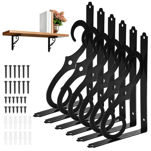 6-Pack Shelf Brackets, 10 Inch Long Iron Wall Mount Shelf Support Bracket for Home/Kitchen/DIY Decorative [Black]
