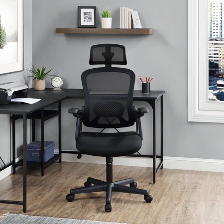 MAINSTAYS ERGONOMIC OFFICE CHAIR WITH ADJUSTABLE HEADREST, BLACK FABRIC, 275LB CAPACITY