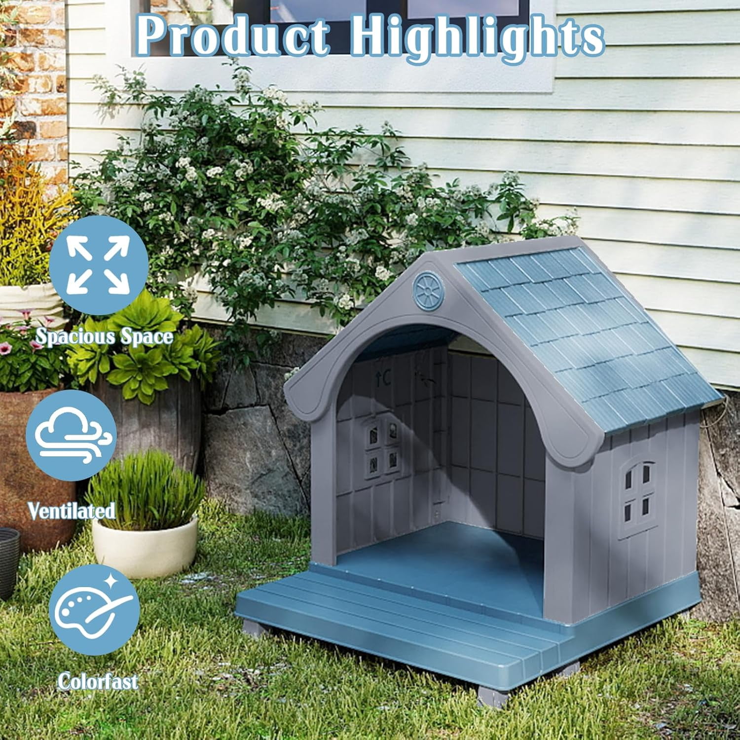 VIXZEN Large Dog House Outdoor, Plastic Weatherproof Dog House Outdoor with Elevated Floor Open Front Easy Clean & Assemble Dog Houses for Large Dogs Outside (Blue Gray)