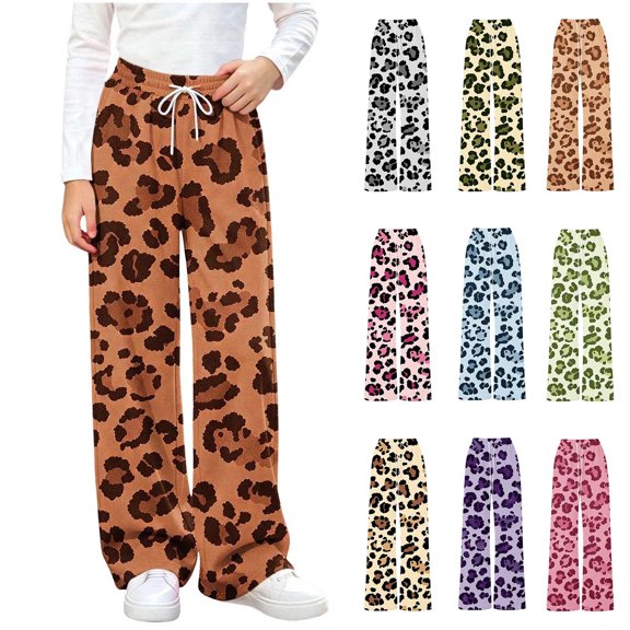 Falkdiz Girls Leopard Print Sweatpants Outdoor Loose Pockets Straight Leg Pantalones Winter Stylish Relaxed fit Pants for Girls , Army Green , Size: 5-6 Years