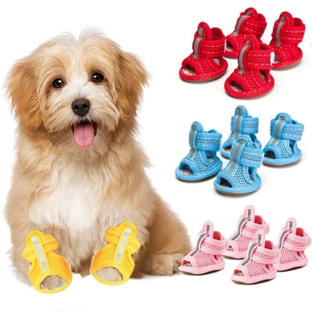 Minzimin 4Pcs Summer Dog Shoes for Hot Pavement Breathable Mesh Sandals Puppy Anti Slip Paw Protectors Adjustable Reflective for Boys Girls Pet Small Dog Cat Chihuahua