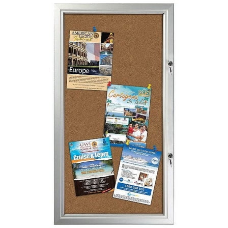 Cork Showboard 6 x (8-1/2 x 11) Capacity Silver Aluminum Frame, Double Key, Weatherproof