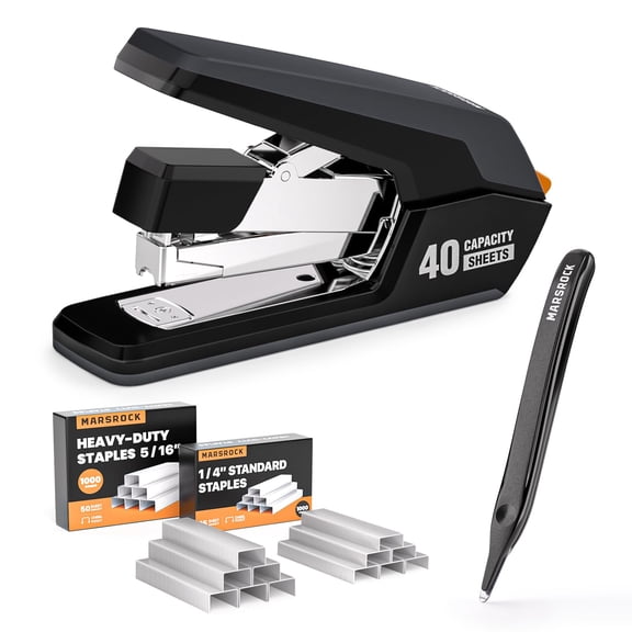 MarsRock Effortless Stapler for Desk with 40-50 Sheet Capacity, 2000 Staples, 1-Touch Stapling, Ergonomic & Easy to Load Desktop Staplers, Heavy Duty Stapler, and Magnetic Staple Remover, Black