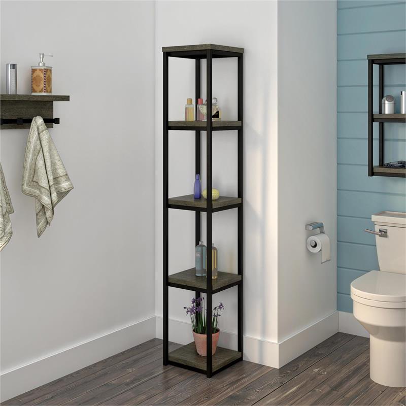 Bowery Hill 4 Shelf Wooden Bathroom Storage Tower in Weathered Oak