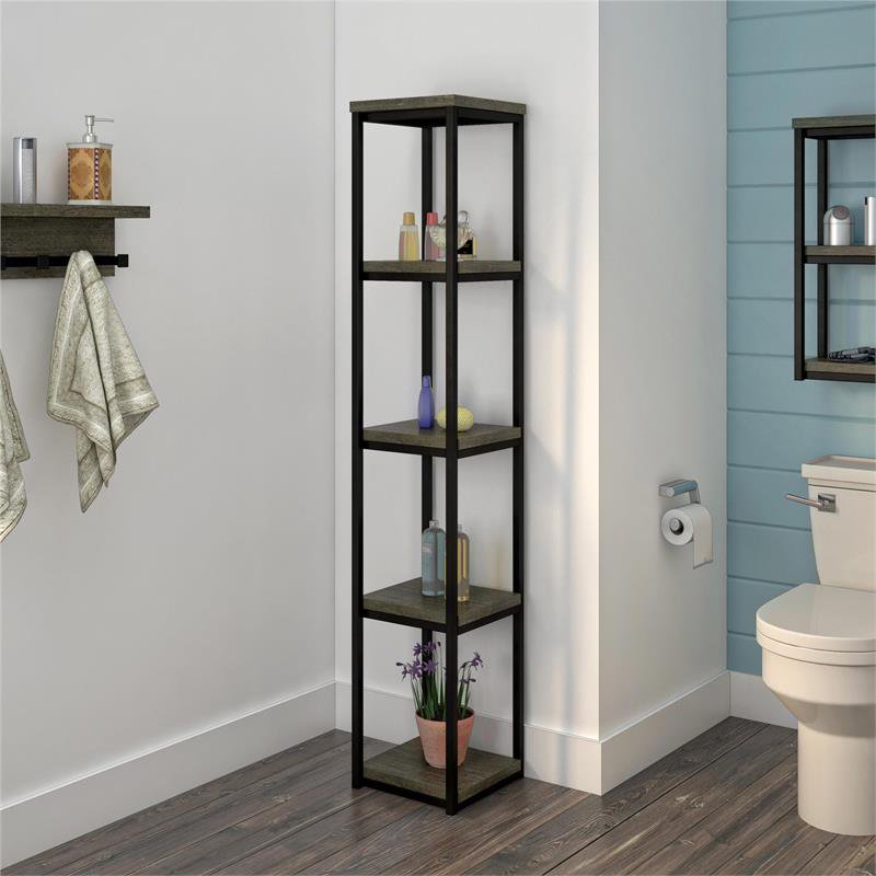 Bowery Hill 4 Shelf Wooden Bathroom Storage Tower in Weathered Oak