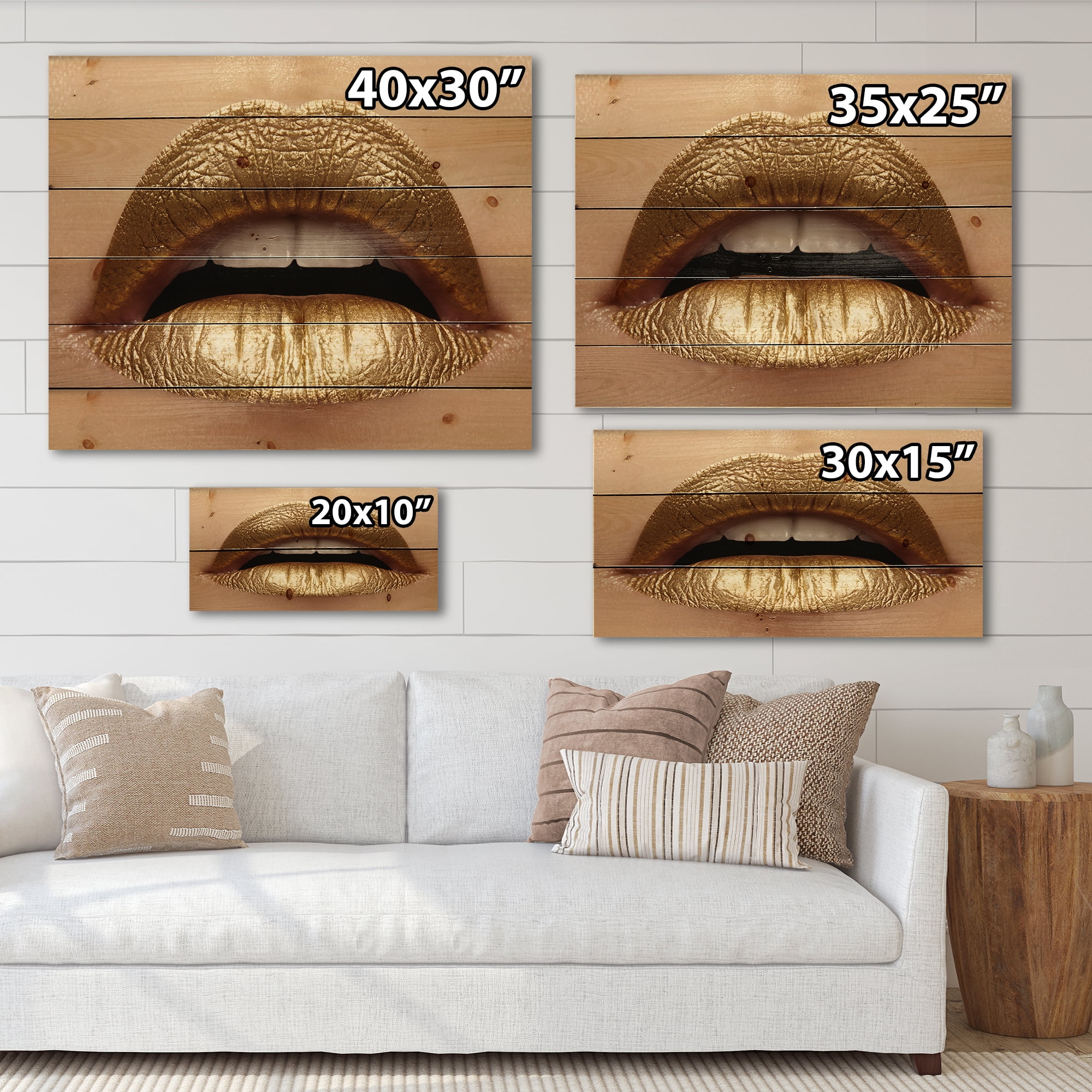 Designart 'Close Up of Woman Plump Lips With Golden Lipstick' Modern Print on Natural Pine Wood