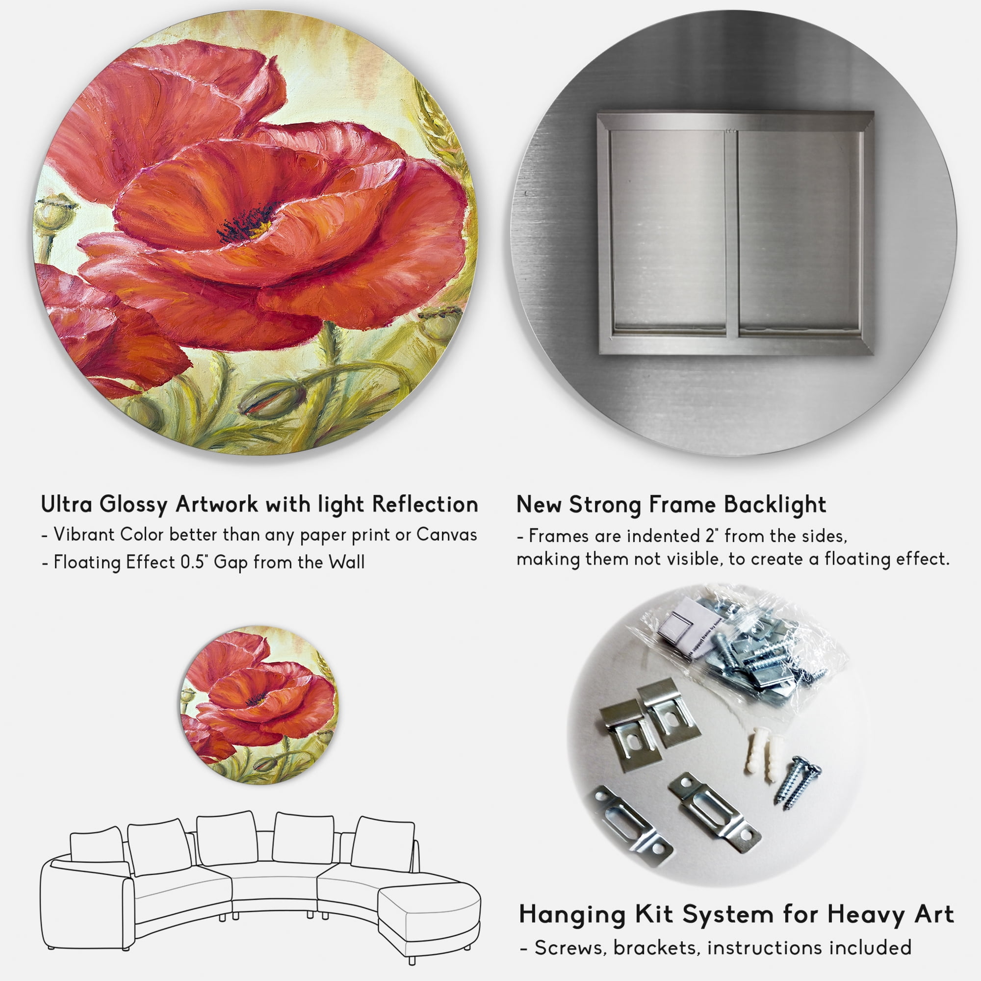 Designart 'Blossoming Red Poppies In Wheat Fields I' Traditional Circle Metal Wall Art 11x11 - Disc of 11