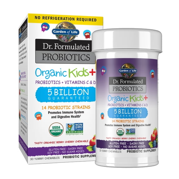 Garden of Life Dr. Formulated Probiotics Organic Kids , with Vitamins C & D, Berry Cherry, 30 Chewables