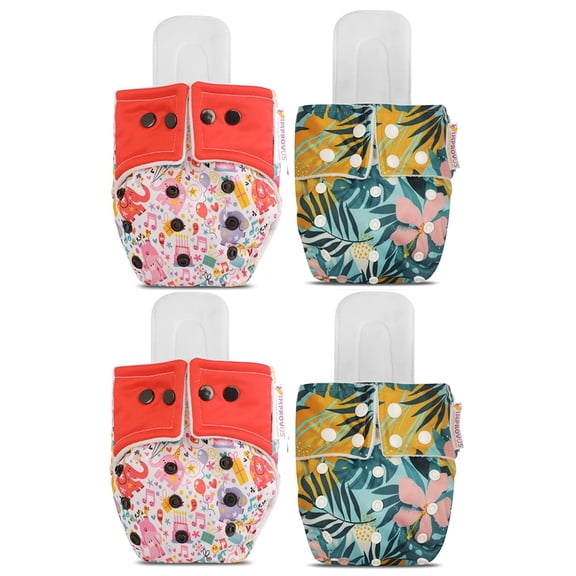 IMPROVUS 100% Cloth Diapers for Babies (0-3 Years), Reusable, Washable & Adjustable Nappies Snap Buttons and Wet-Free Insert Pads (Red MC & MC pack of 4 cloth diaper and 4 insert pads)