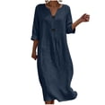 thumbnail image 2 of Wovilon Women's V-Neck Button Front Midi Dress with 3/4 Rolled Sleeves and Relaxed Fit, Cotton Linen Blend Casual Loose Shift Dress for Summer Vacation, 2 of 6