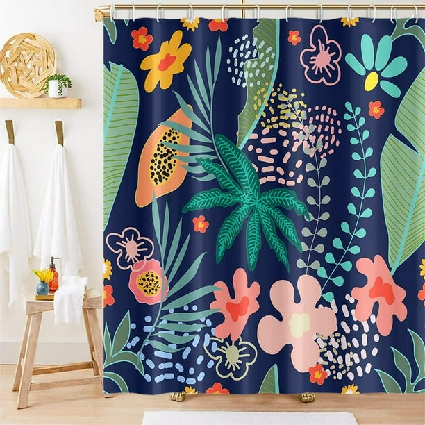 Sonernt Tropical Leaves Shower Curtains Navy Blue Backdrop Green Leaf Plants Pink Floral Shower