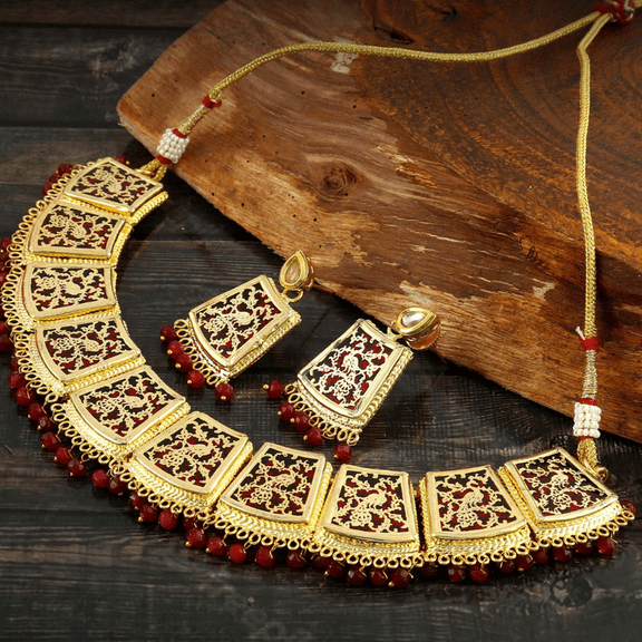 Kajaro Designs Jewels Theva maroon Choker Necklace Set with Earrings for Women | Indian Ethnic Jewely for Weddings and Festivals