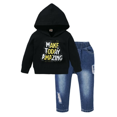 

Kucnuzki 3T Toddler Boy Fall-Winter Outfits Pants Sets 4T Toddler Boy Long Sleeve MAKE Letter Prints Hooded Sweatshirt Tops Elastic Cozy Denim Pants 2PCS Set Black