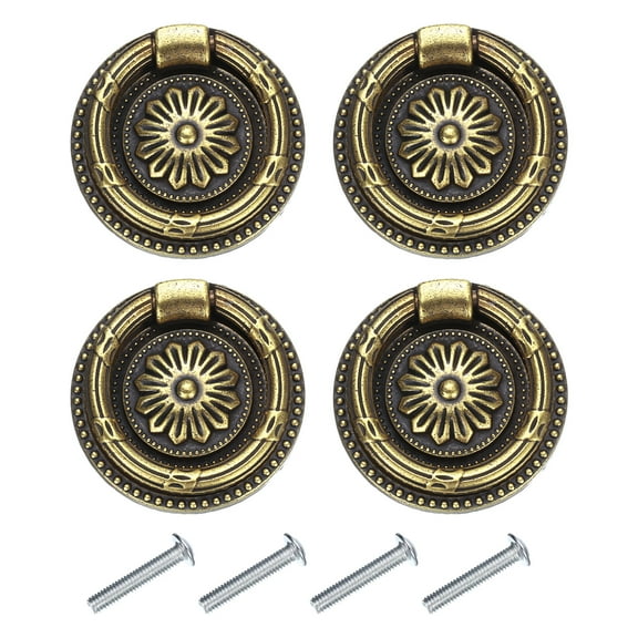 4 Sets Vintage Ring Drawer Pulls Zinc Alloy with Screw for Dressers Drawer, Bronze(1.9" Long)