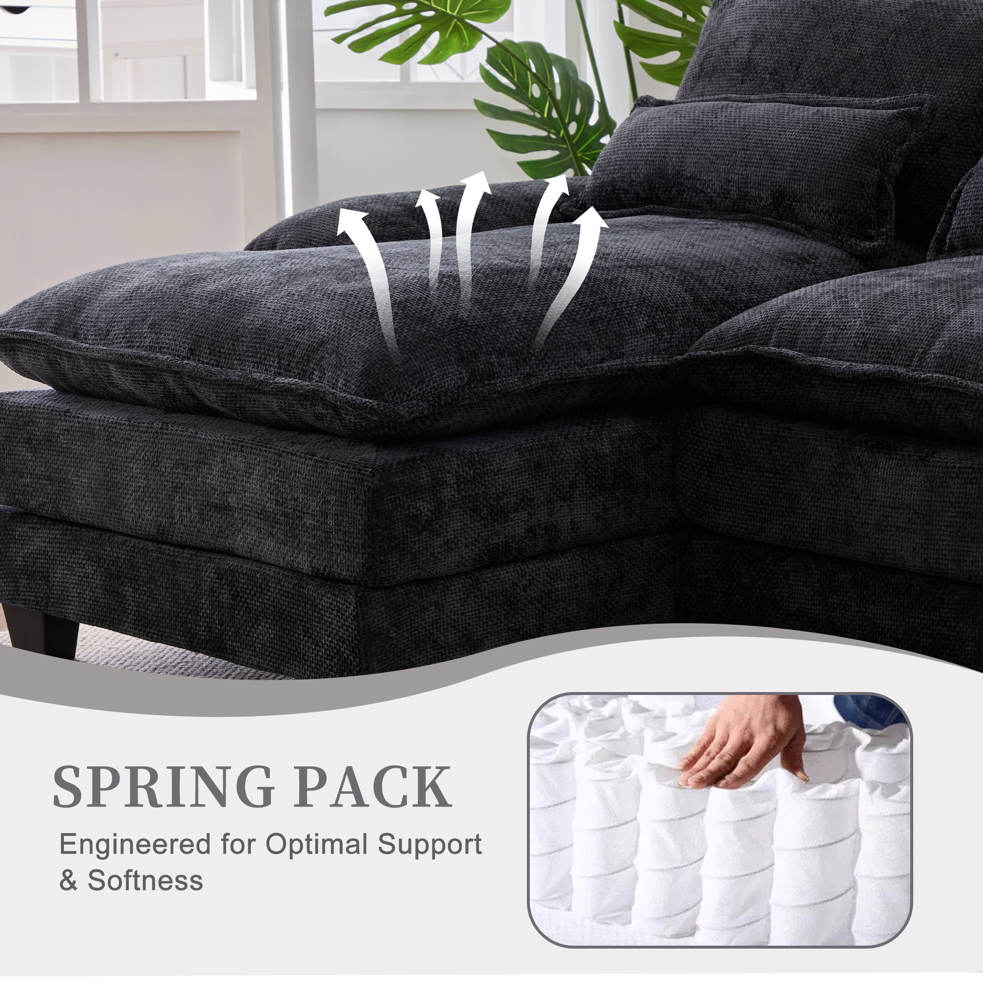 Villeston 126.77" U-Shaped Cloud Sofa With Chaise Lounge, Chenille Sofa With Wireless Charging, Bluetooth Speaker, Two Cup Holders, Storage Drawer, Suitable For Living Room,Black
