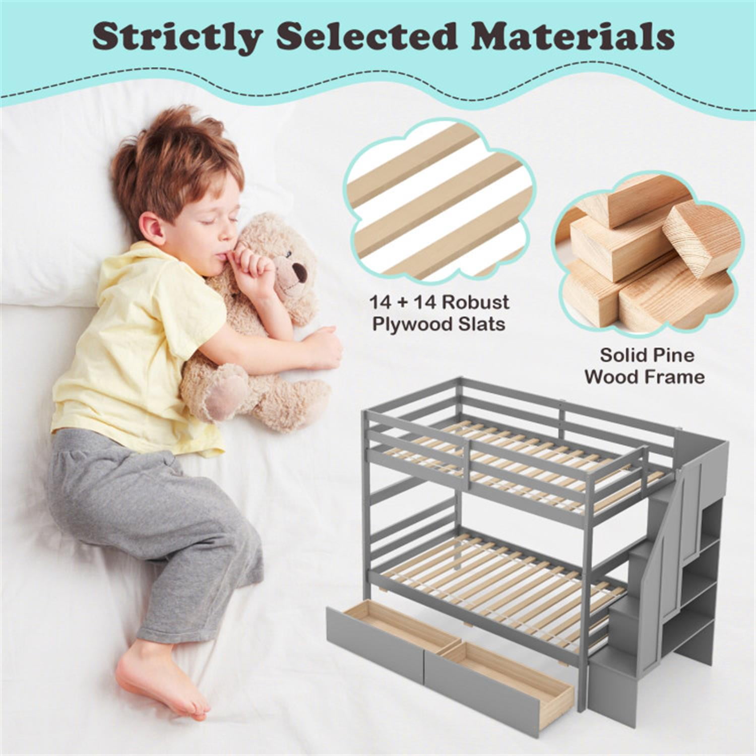 Demi Bonn Twin Over Twin Bunk Bed with Storage Stairs and Drawers, Solid Wood Bunkbeds Frame for Bedroom, No Box Spring Needed, Gray