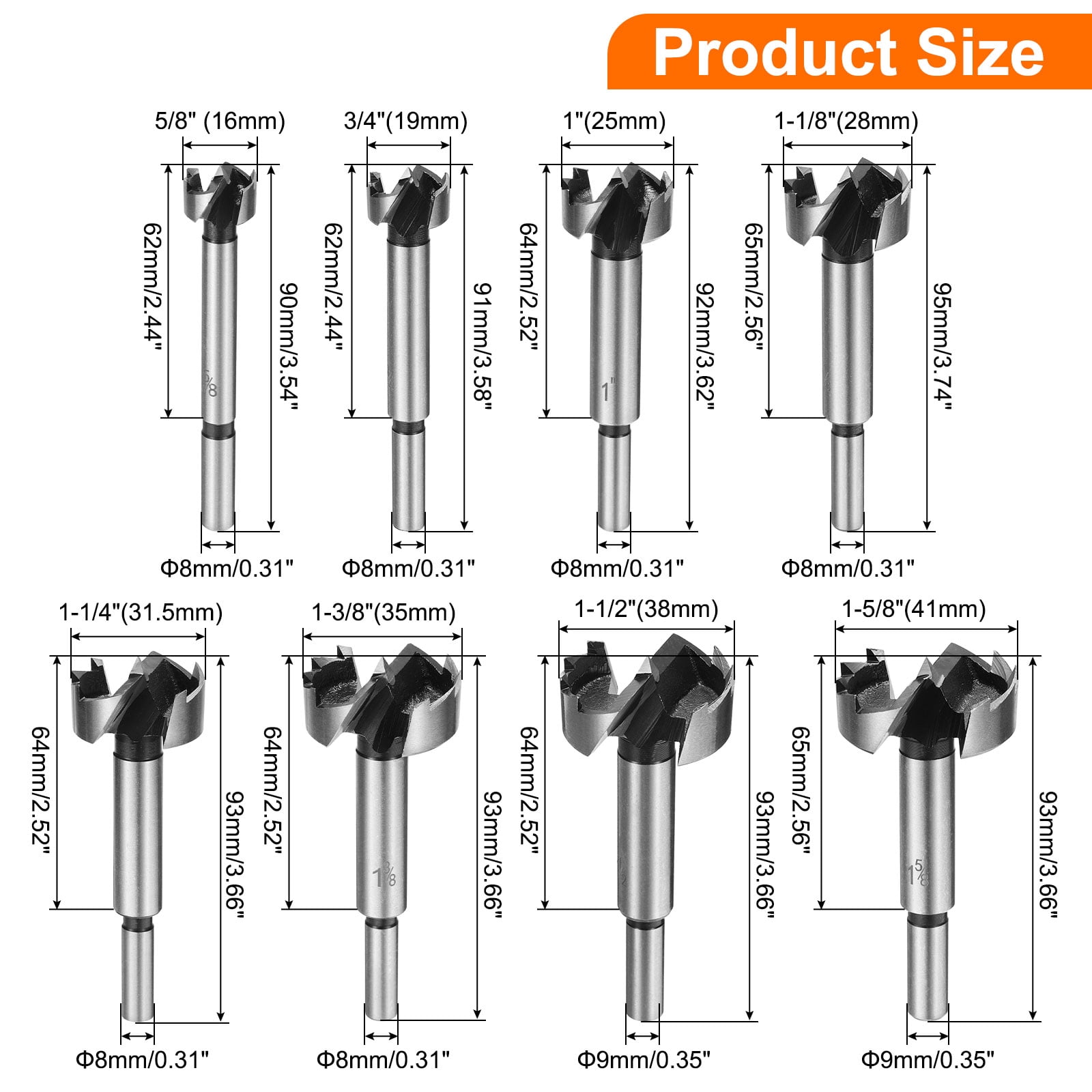 Forstner Drill Bits Set 5/8"-1-5/8", Carbide Wood Drilling Saw-Tooth Hole Opener Cutter with Case, Silver, 8pcs