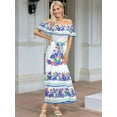thumbnail image 5 of Women'S Mexican Dress Summer Floral Print Off the Shoulder Sleeveless Beach Long Maxi Dress White & Blue XXL, 5 of 7