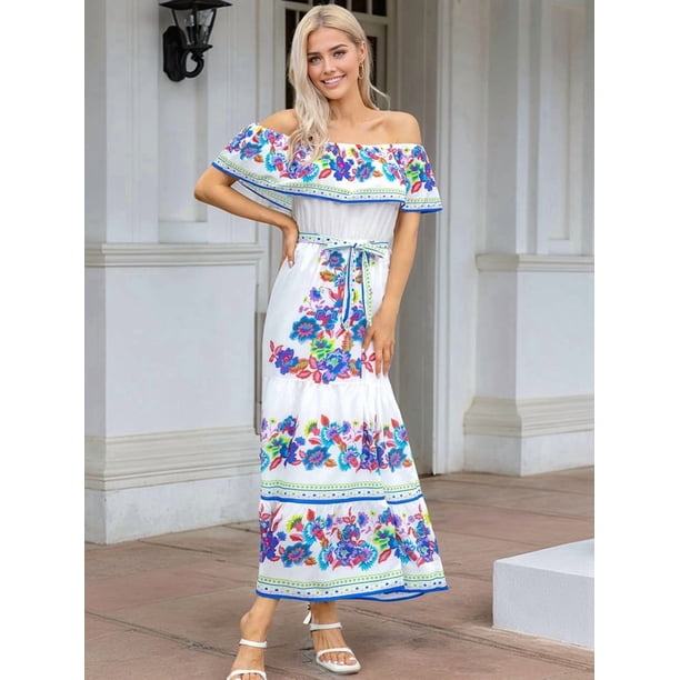 mexican beach dresses Women's Maxi Dress Off the Shoulder Sleeveless, Floral Print Long Dress for Summer, Bohemian Vacation White & Blue XL Boho dresses
