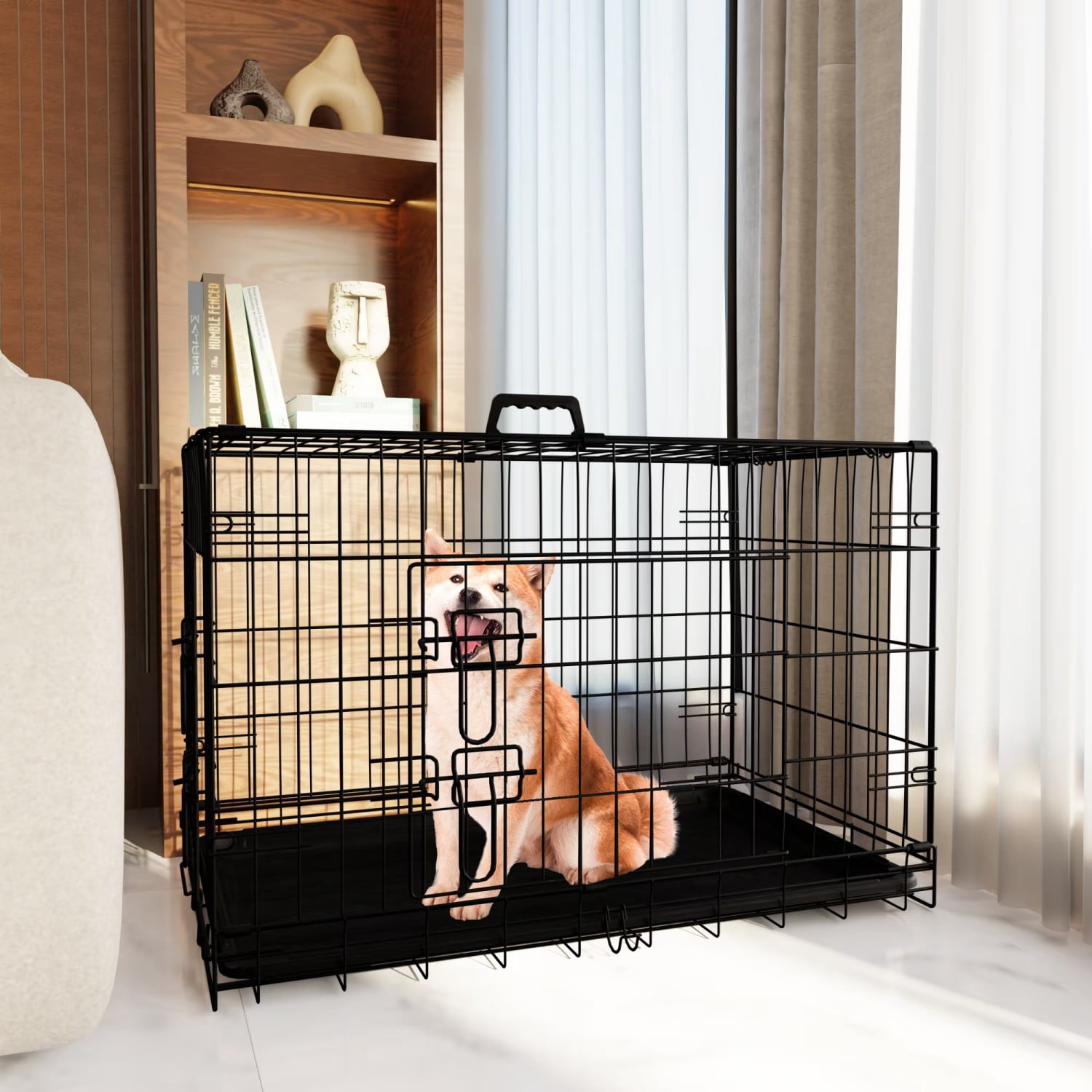 36" Medium Dog Crate, Folding Metal Wire Dog Cage with Divider & Leak-Proof Tray, Double Door Pet Crate for Indoor Outdoor Travel, Black