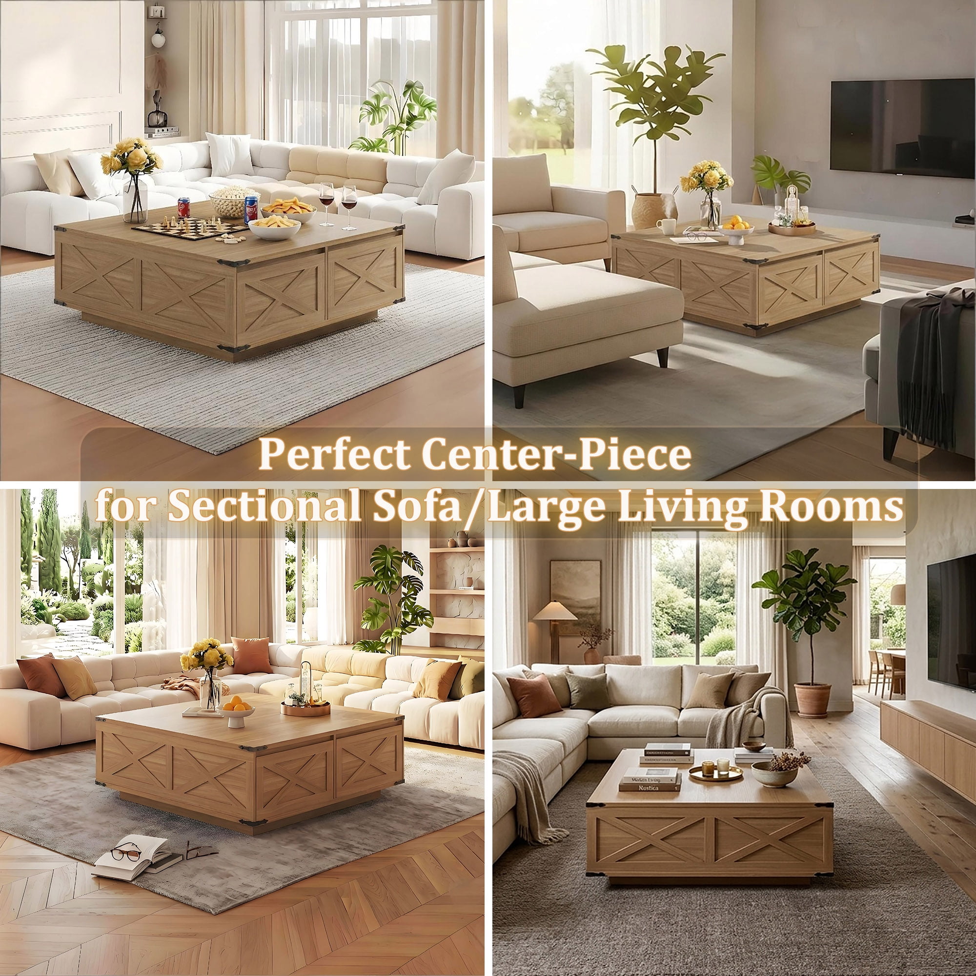 47" Farmhouse Square Coffee Table with 4 Storage Drawers, Rustic Wood Center Table for Large Living Room & Sectional Sofa, Modern Floating Base Design