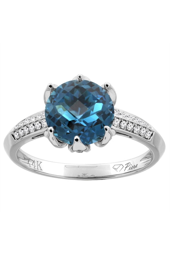 14K White Gold Natural Blue Sapphire Ring Round 8 mm Diamond Accents, size 9