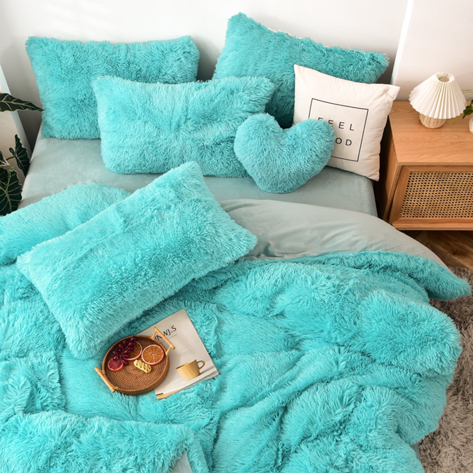 MorroMorn Luxury 5 PCS Shaggy Duvet Cover Sets Fuzzy Bedding Set, King/Cal King Size, Aqua Blue