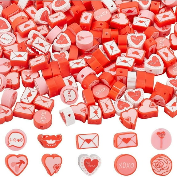 1 Box 300Pcs Valentines Clay Beads Polymer Clay Beads Holiday Heart Red Tone Love Letter Loose Spacer Bead