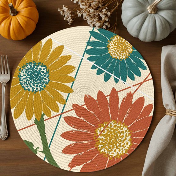 Abstract Sunflowers Round Braided Placemats Set of 4, Boho Modern Yellow Green Red Flower Lines Heat Insulation Place Mats Washable Non-Slip Table Mats for Kitchen Dining Party, 15 Inches