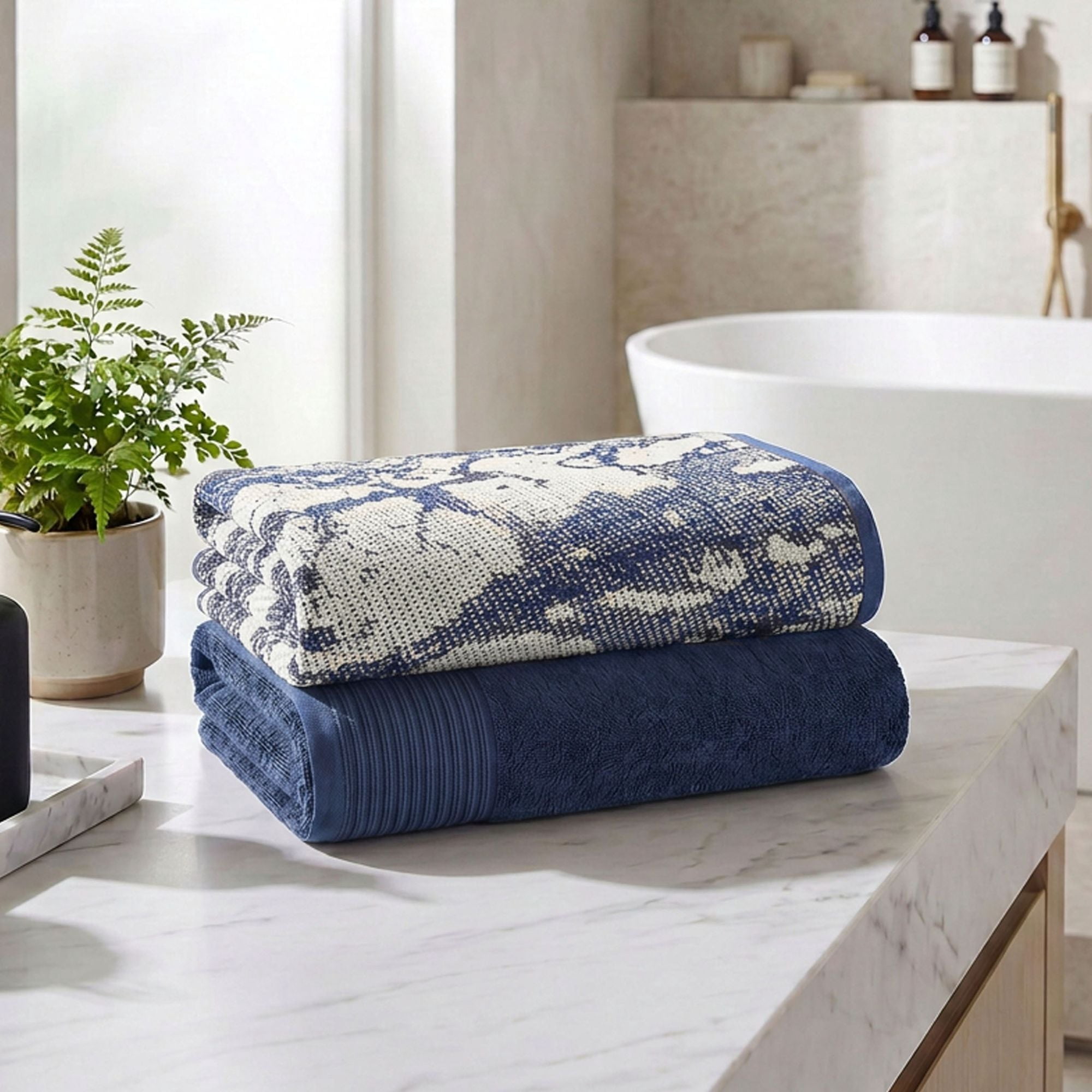 Superior Marble and Solid Jacquard Oversized Cotton Bath Sheets, 2-Pack, Navy Blue - Ivory