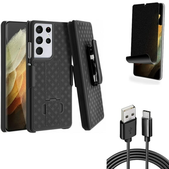 Case Belt Clip & 6ft USB Cable & Privacy Screen Protector for Samsung Galaxy S21 Ultra Phone - Holster Swivel & Type-C Charger Cord & TPU Film Fingerprint Works Accessory Bundle