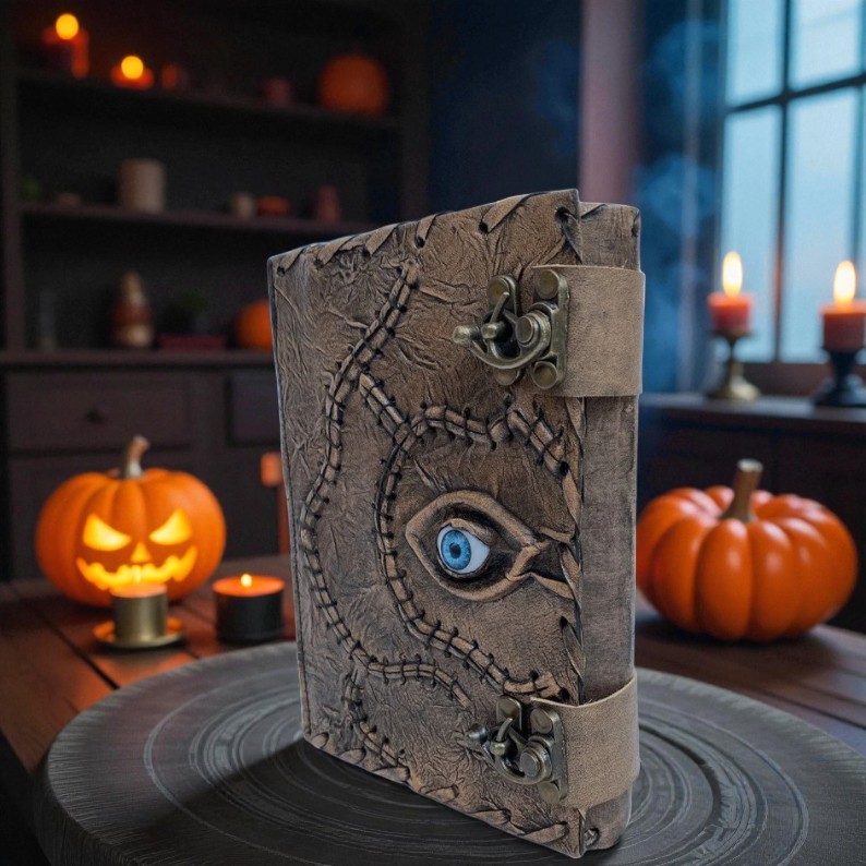 Handmade Leather Journal with 3D Eye Design – Vintage Fantasy Notebook, 200 Deckle-Edge Pages, Spell Book Style Diary