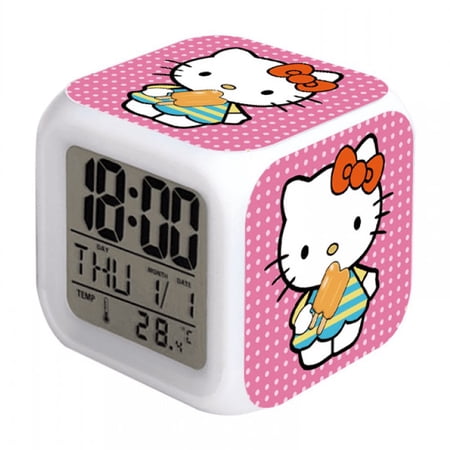 Hfnggwee Digital Alarm Clock for Kids, Cartoon Hello Kitty Pattern 7 LED Color Changing Wake Up Clock with Thermometer Function and Night Light, Gift for Boys Girls A93-480 NZ113-1376