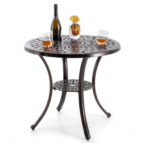 Gymax 31 Inch Diameter Round Table Patio Cast Aluminum Table w/ Umbrella Hol